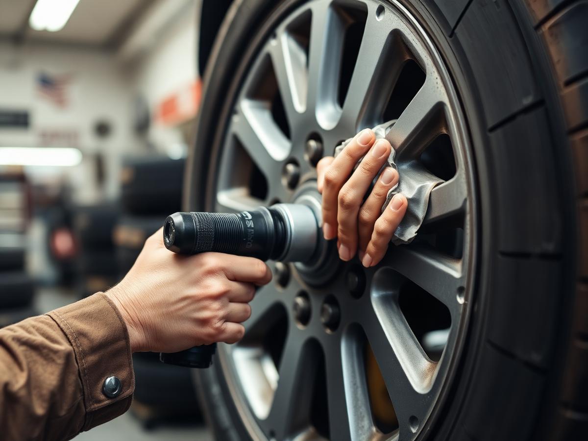 A technician working on a wheel inside the Tony's Tires shop
